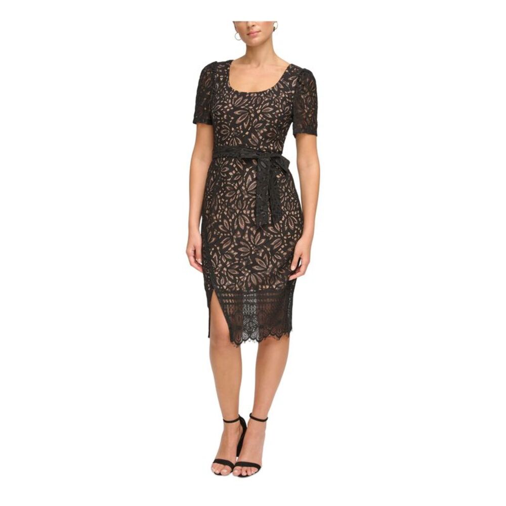 KENSIE DRESSES Womens Black Lined Tie Belt Short Sleeve Sheath Dress 0
